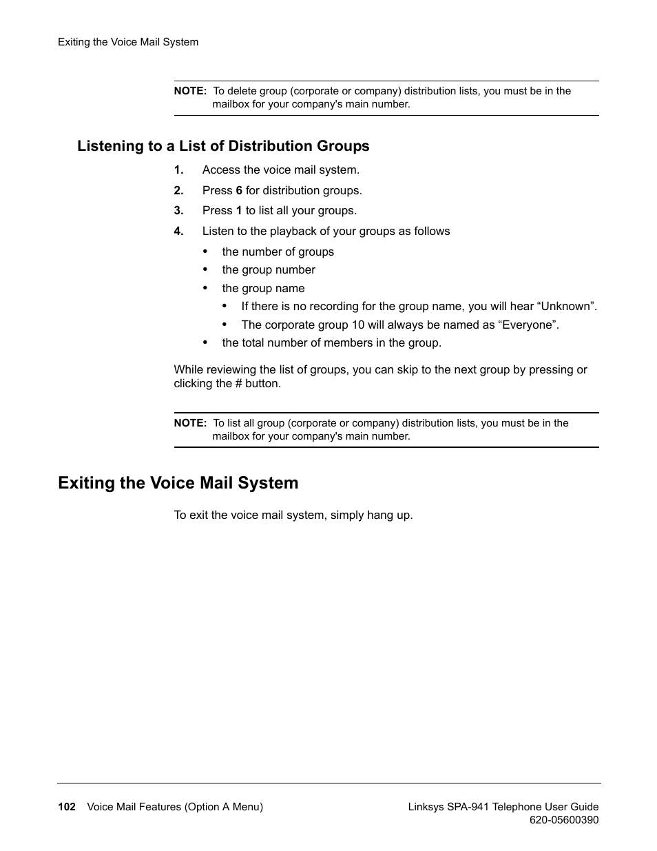 Listening to a list of distribution groups, Exiting the voice mail system | Linksys SPA-941 User Manual | Page 114 / 164