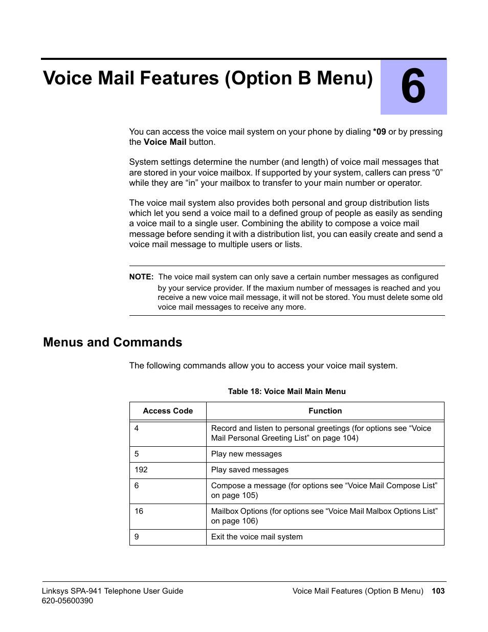 Voice mail features (option b menu), Menus and commands, 6 voice mail features (option b menu) | Linksys SPA-941 User Manual | Page 115 / 164
