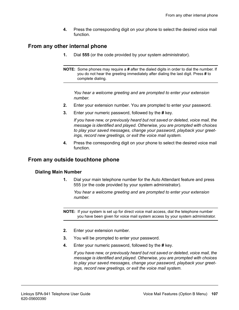 From any other internal phone, From any outside touchtone phone, Dialing main number | Linksys SPA-941 User Manual | Page 119 / 164