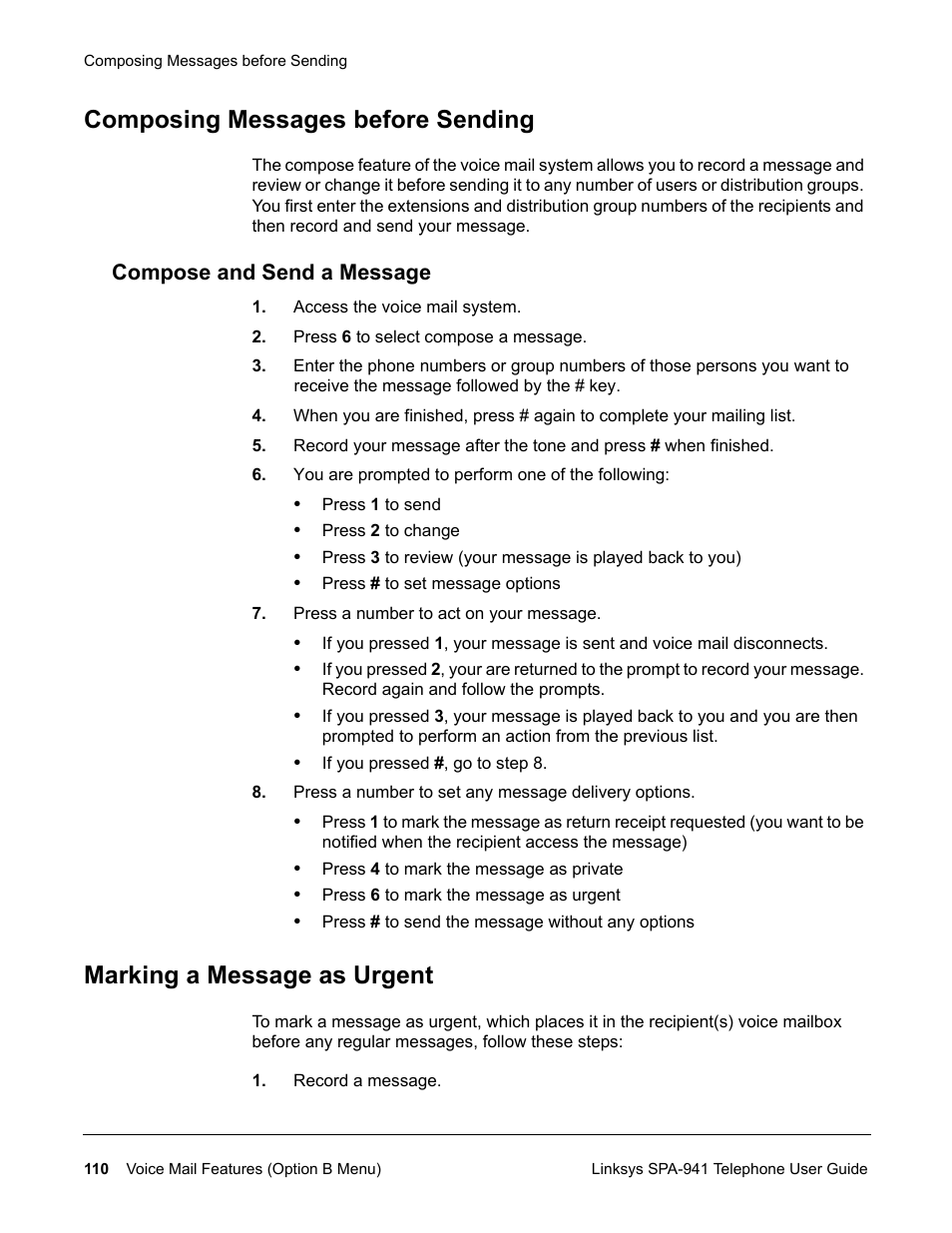 Composing messages before sending, Compose and send a message, Marking a message as urgent | Linksys SPA-941 User Manual | Page 122 / 164