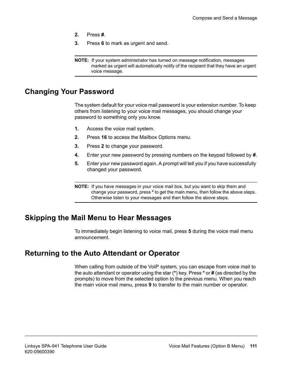 Changing your password, Skipping the mail menu to hear messages, Returning to the auto attendant or operator | Linksys SPA-941 User Manual | Page 123 / 164
