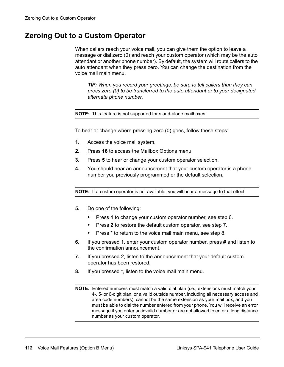 Zeroing out to a custom operator | Linksys SPA-941 User Manual | Page 124 / 164
