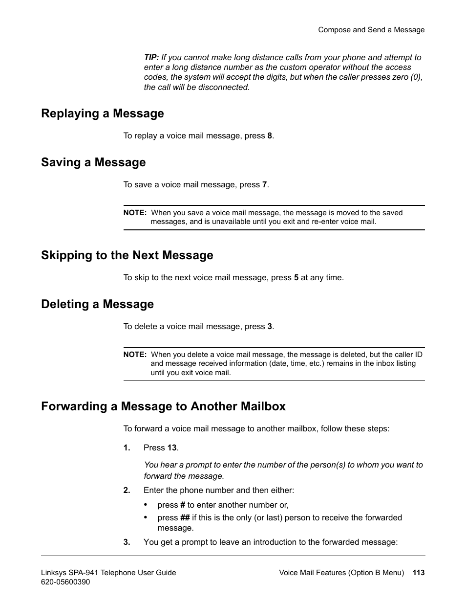 Replaying a message, Saving a message, Skipping to the next message | Deleting a message, Forwarding a message to another mailbox | Linksys SPA-941 User Manual | Page 125 / 164