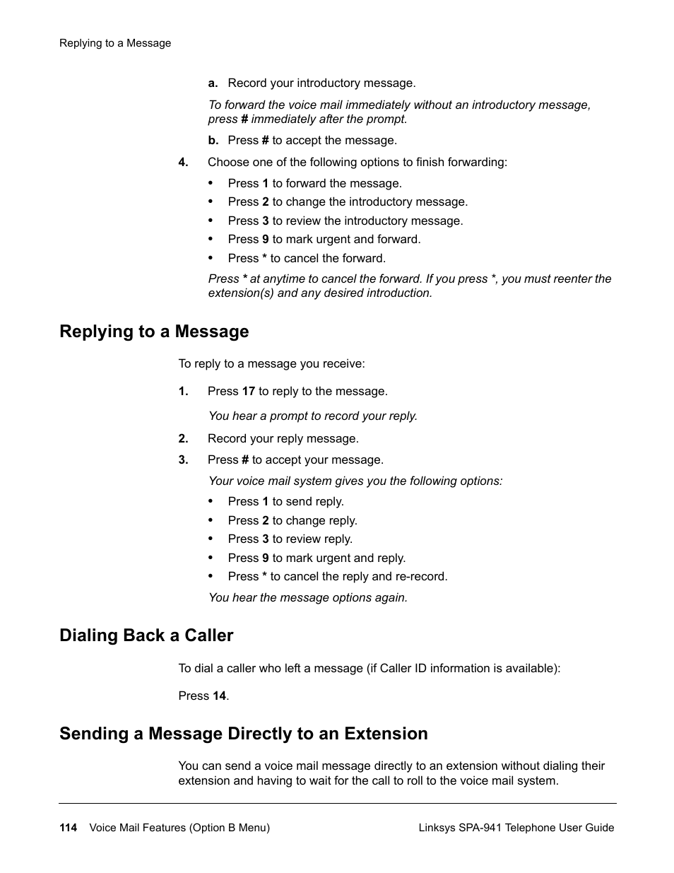 Replying to a message, Dialing back a caller, Sending a message directly to an extension | Linksys SPA-941 User Manual | Page 126 / 164