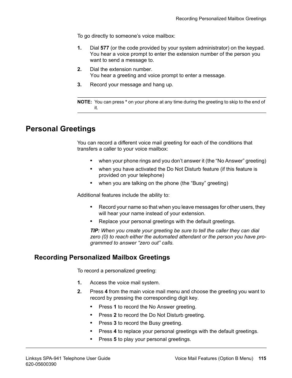 Personal greetings, Recording personalized mailbox greetings | Linksys SPA-941 User Manual | Page 127 / 164