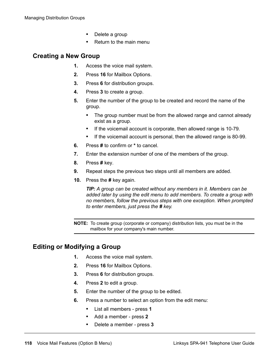 Creating a new group, Editing or modifying a group | Linksys SPA-941 User Manual | Page 130 / 164