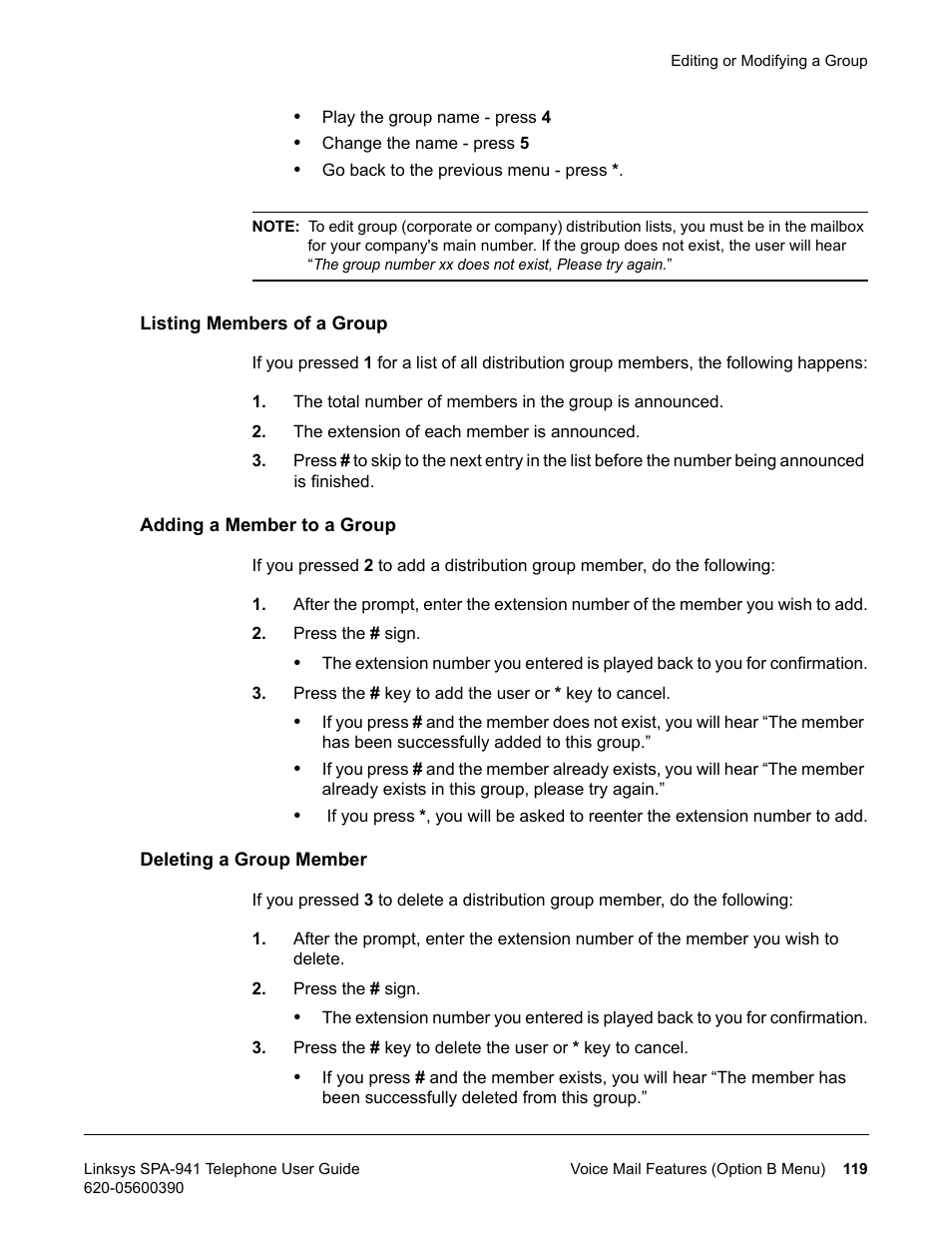 Listing members of a group, Adding a member to a group, Deleting a group member | Linksys SPA-941 User Manual | Page 131 / 164