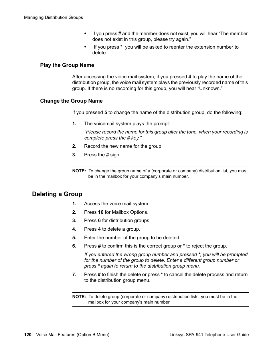 Play the group name, Change the group name, Deleting a group | Play the group name change the group name | Linksys SPA-941 User Manual | Page 132 / 164