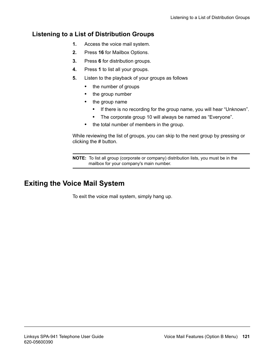 Listening to a list of distribution groups, Exiting the voice mail system | Linksys SPA-941 User Manual | Page 133 / 164