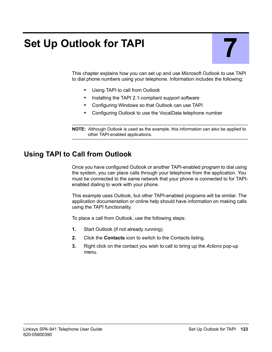 Set up outlook for tapi, Using tapi to call from outlook, 7 set up outlook for tapi | Linksys SPA-941 User Manual | Page 135 / 164
