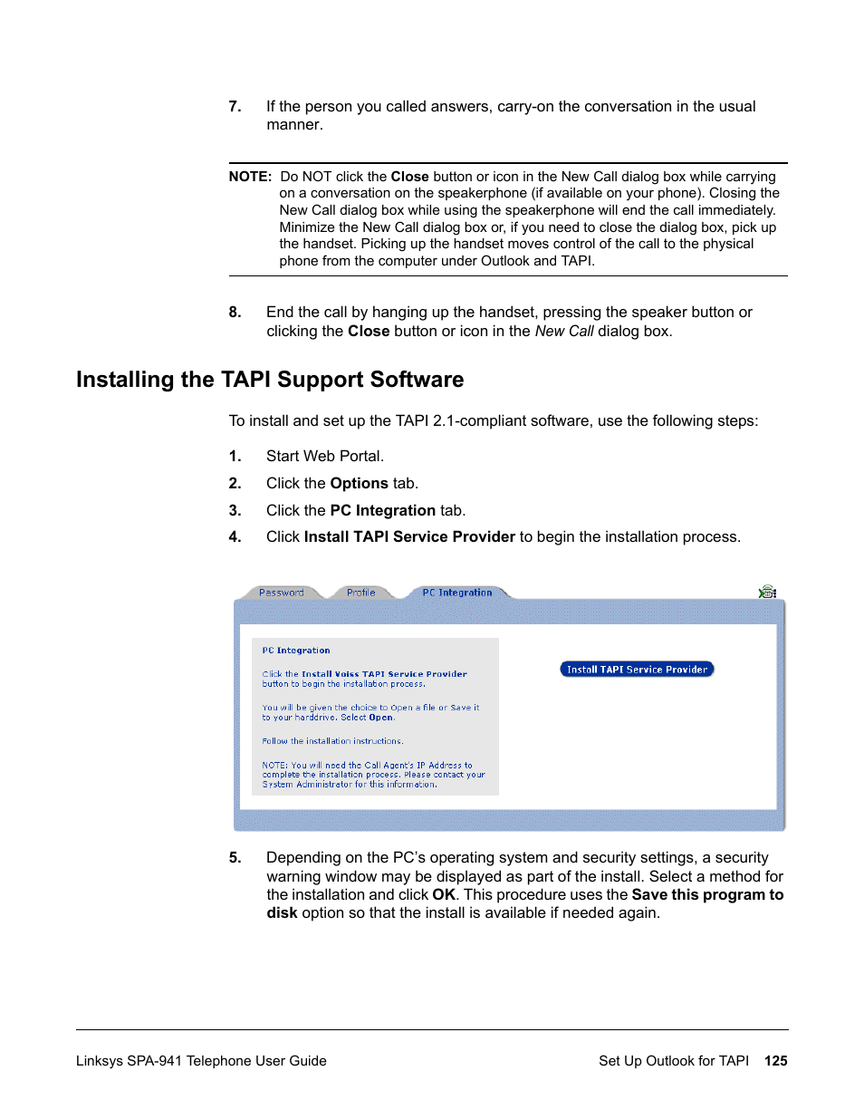 Installing the tapi support software | Linksys SPA-941 User Manual | Page 137 / 164