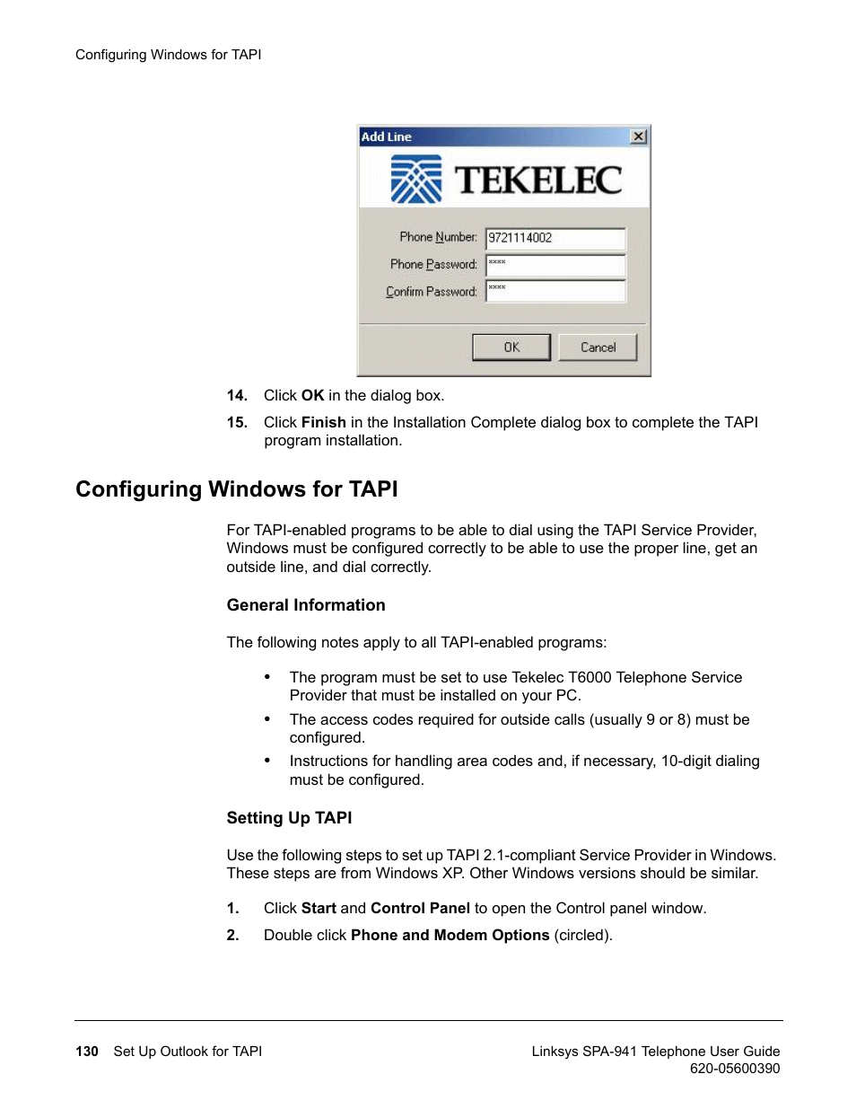 Configuring windows for tapi | Linksys SPA-941 User Manual | Page 142 / 164