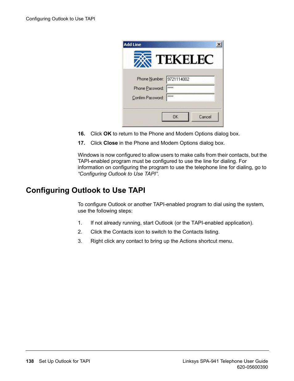 Configuring outlook to use tapi | Linksys SPA-941 User Manual | Page 150 / 164