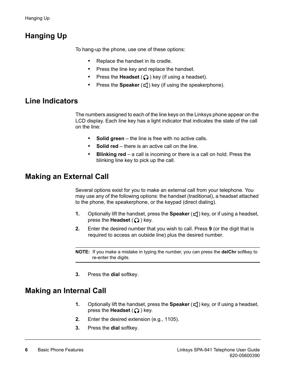 Hanging up, Line indicators, Making an external call | Making an internal call | Linksys SPA-941 User Manual | Page 18 / 164