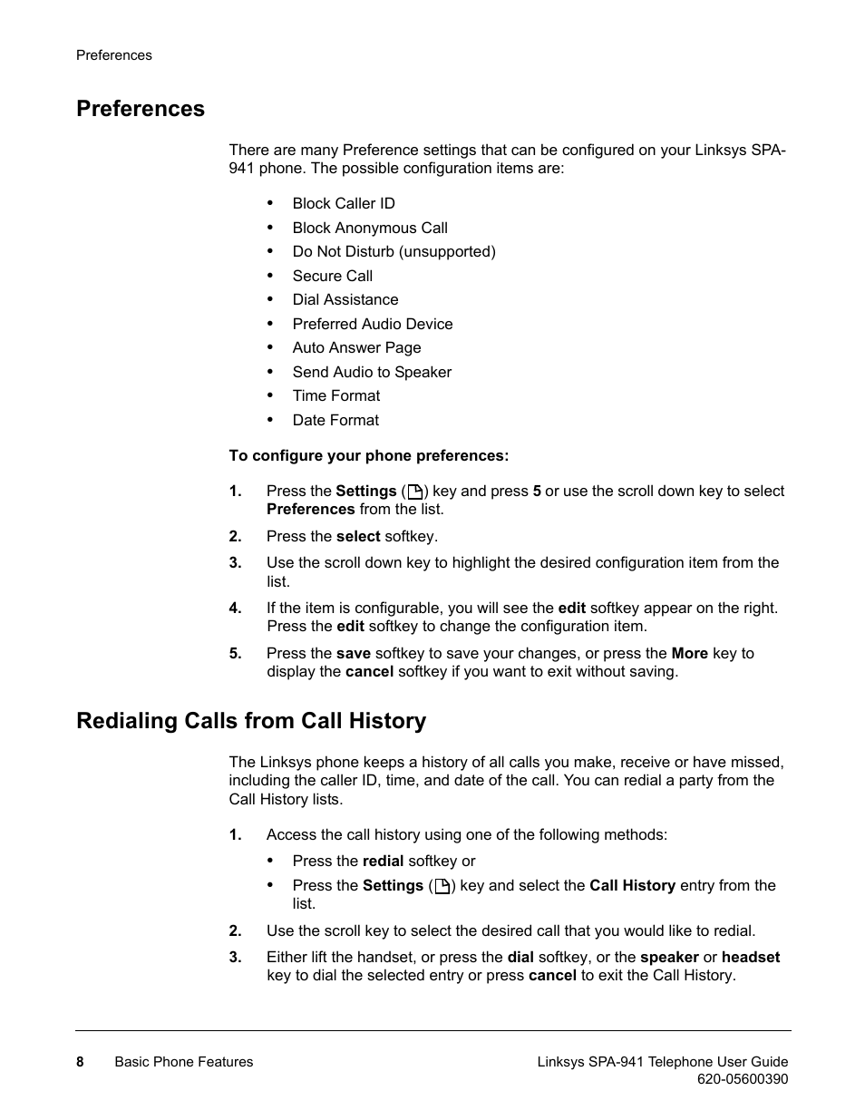 Preferences, Redialing calls from call history, Preferences redialing calls from call history | Linksys SPA-941 User Manual | Page 20 / 164