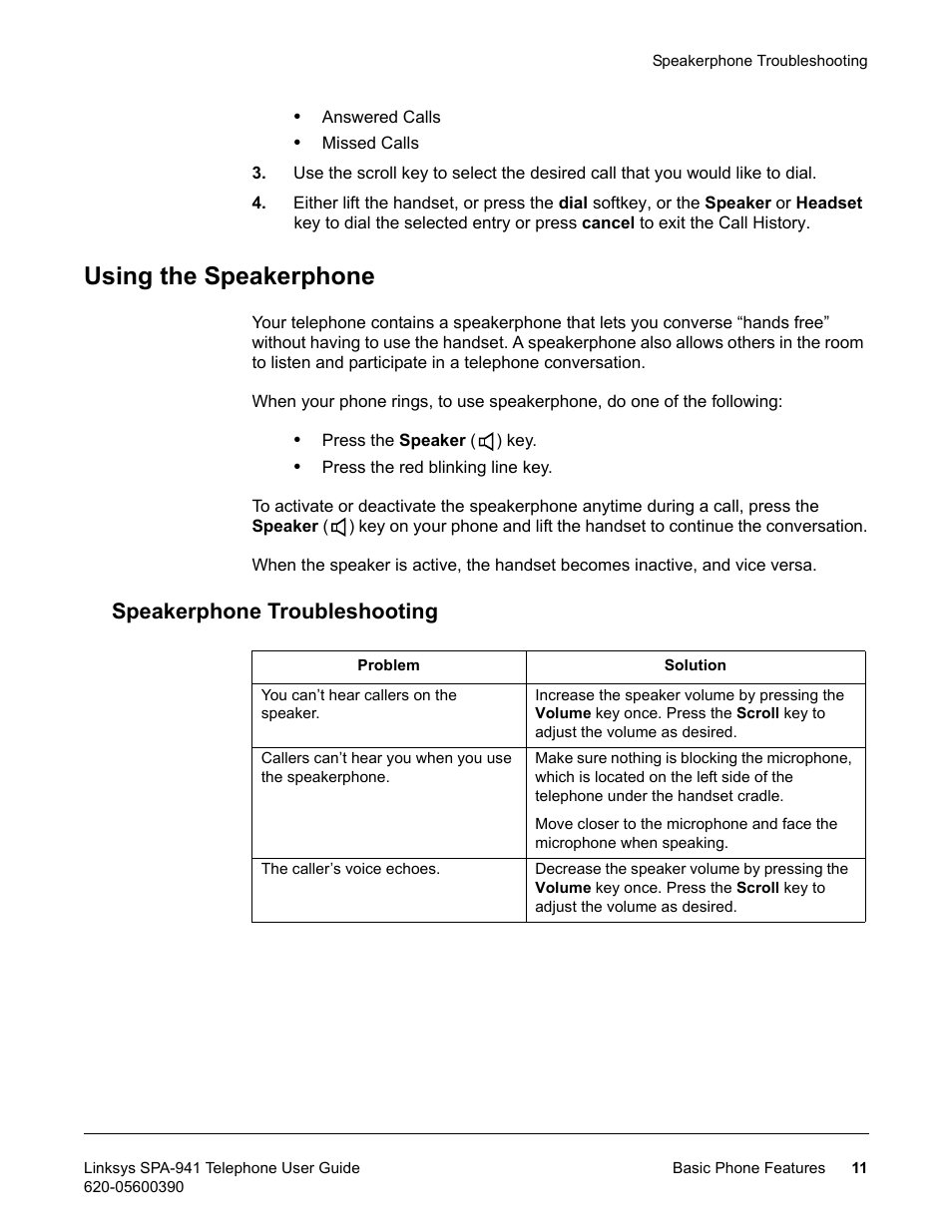 Using the speakerphone, Speakerphone troubleshooting | Linksys SPA-941 User Manual | Page 23 / 164