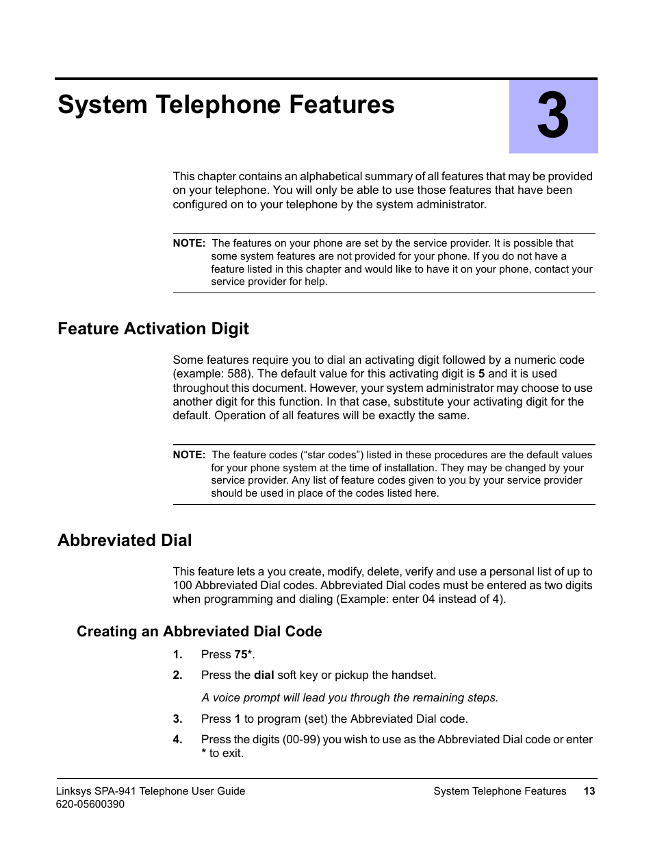 System telephone features, Feature activation digit, Abbreviated dial | Creating an abbreviated dial code, 3 system telephone features, Feature activation digit abbreviated dial | Linksys SPA-941 User Manual | Page 25 / 164