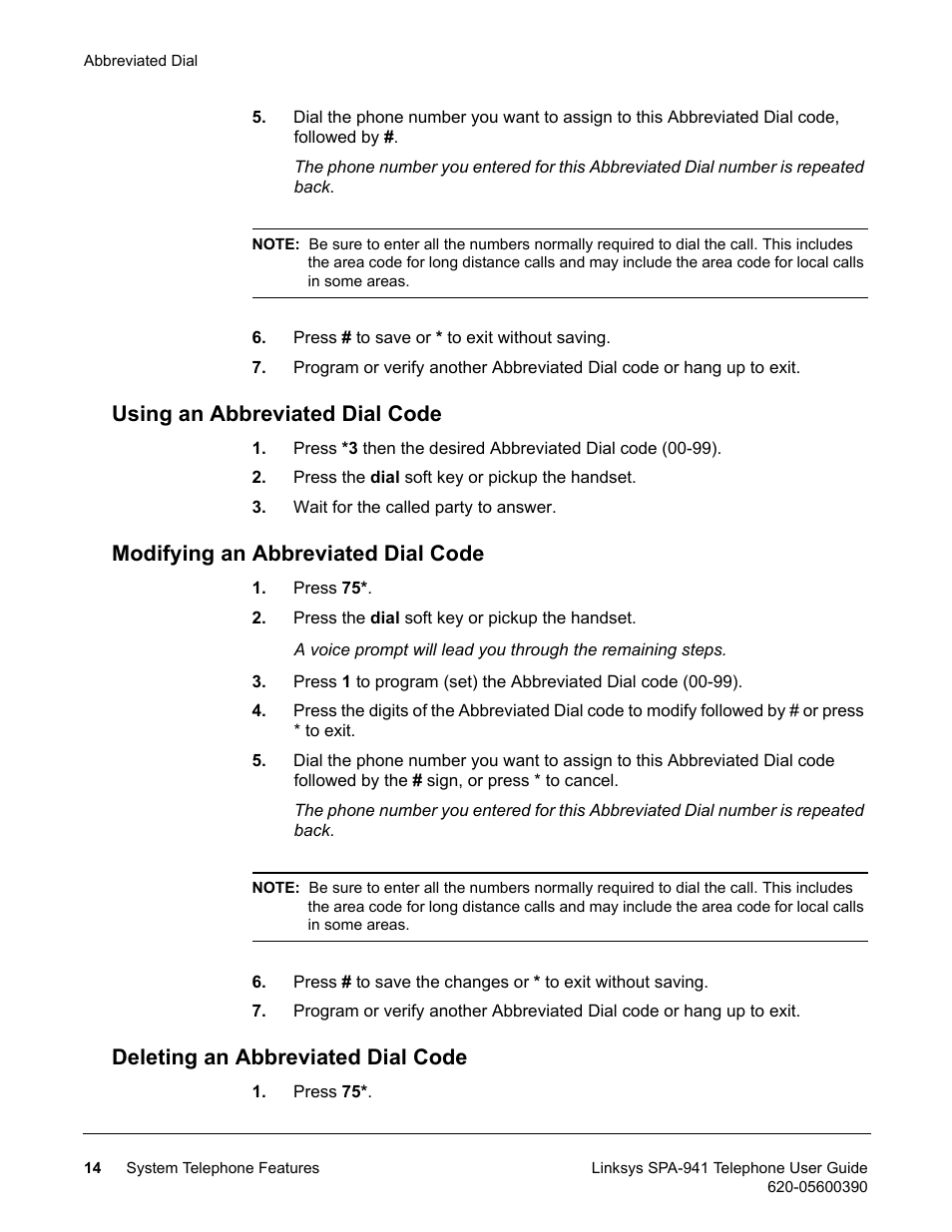 Using an abbreviated dial code, Modifying an abbreviated dial code, Deleting an abbreviated dial code | Linksys SPA-941 User Manual | Page 26 / 164