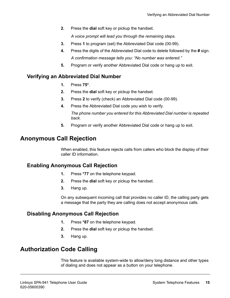 Verifying an abbreviated dial number, Anonymous call rejection, Enabling anonymous call rejection | Disabling anonymous call rejection, Authorization code calling | Linksys SPA-941 User Manual | Page 27 / 164