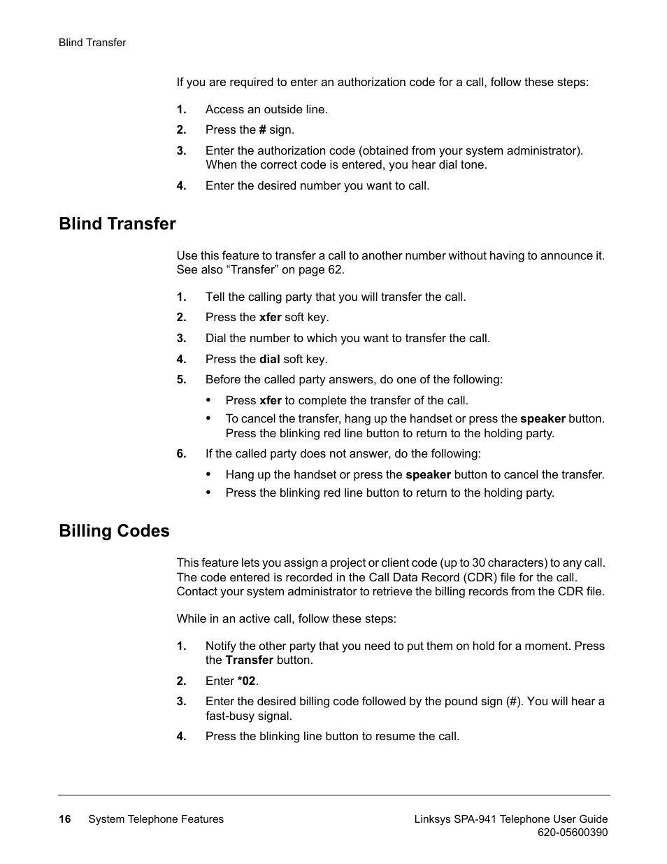 Blind transfer, Billing codes, Blind transfer billing codes | Linksys SPA-941 User Manual | Page 28 / 164
