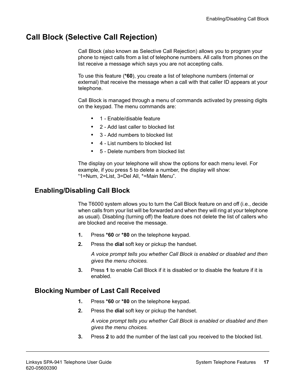 Call block (selective call rejection), Enabling/disabling call block, Blocking number of last call received | Linksys SPA-941 User Manual | Page 29 / 164