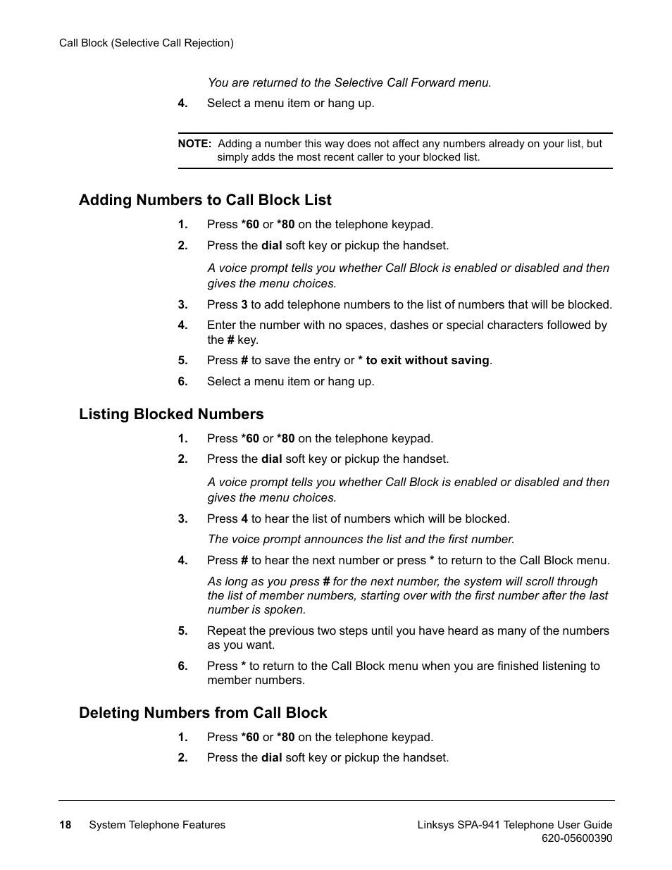 Adding numbers to call block list, Listing blocked numbers, Deleting numbers from call block | Linksys SPA-941 User Manual | Page 30 / 164