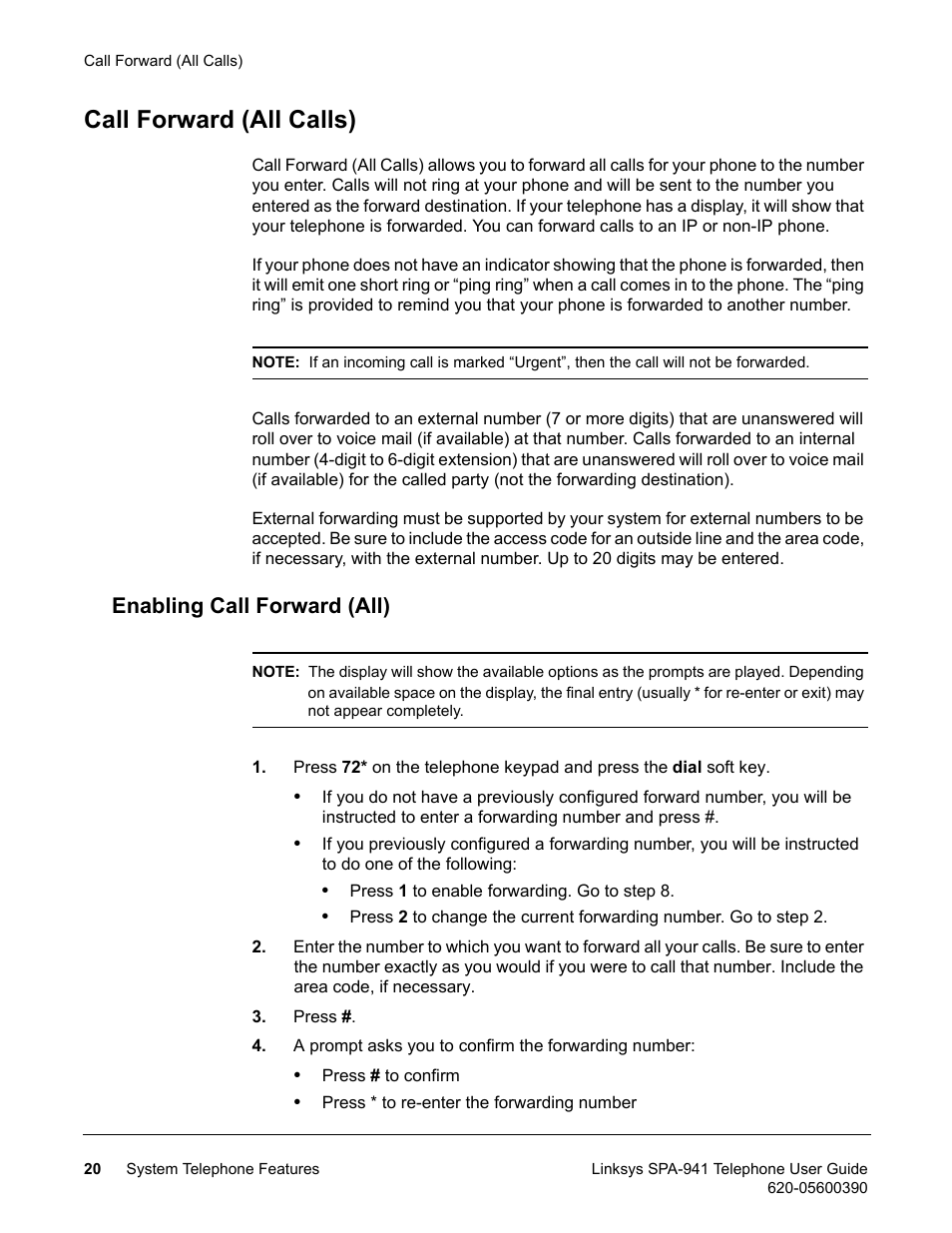 Call forward (all calls), Enabling call forward (all) | Linksys SPA-941 User Manual | Page 32 / 164