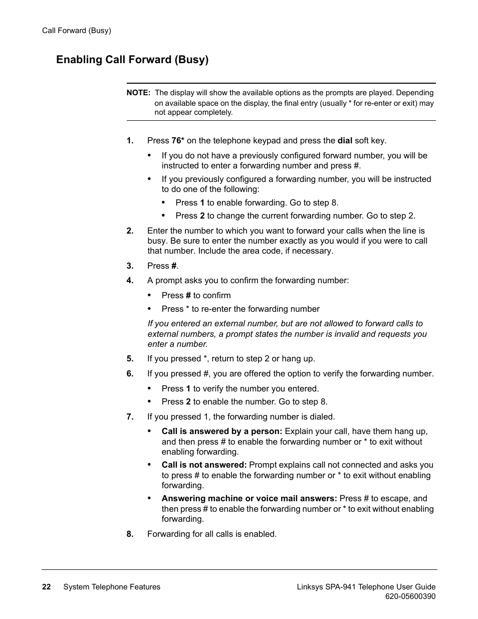 Enabling call forward (busy) | Linksys SPA-941 User Manual | Page 34 / 164