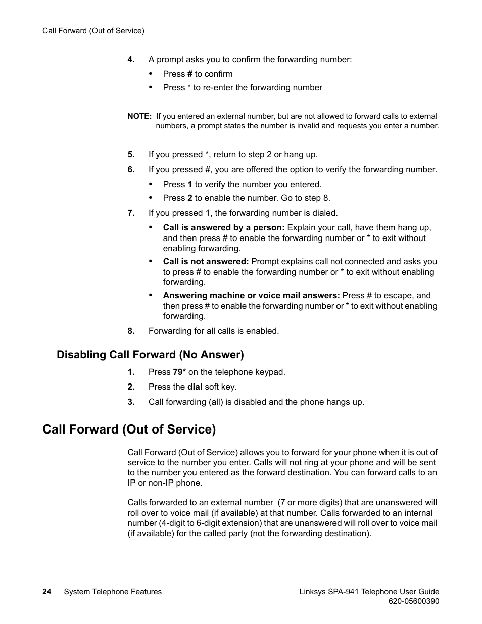 Disabling call forward (no answer), Call forward (out of service) | Linksys SPA-941 User Manual | Page 36 / 164