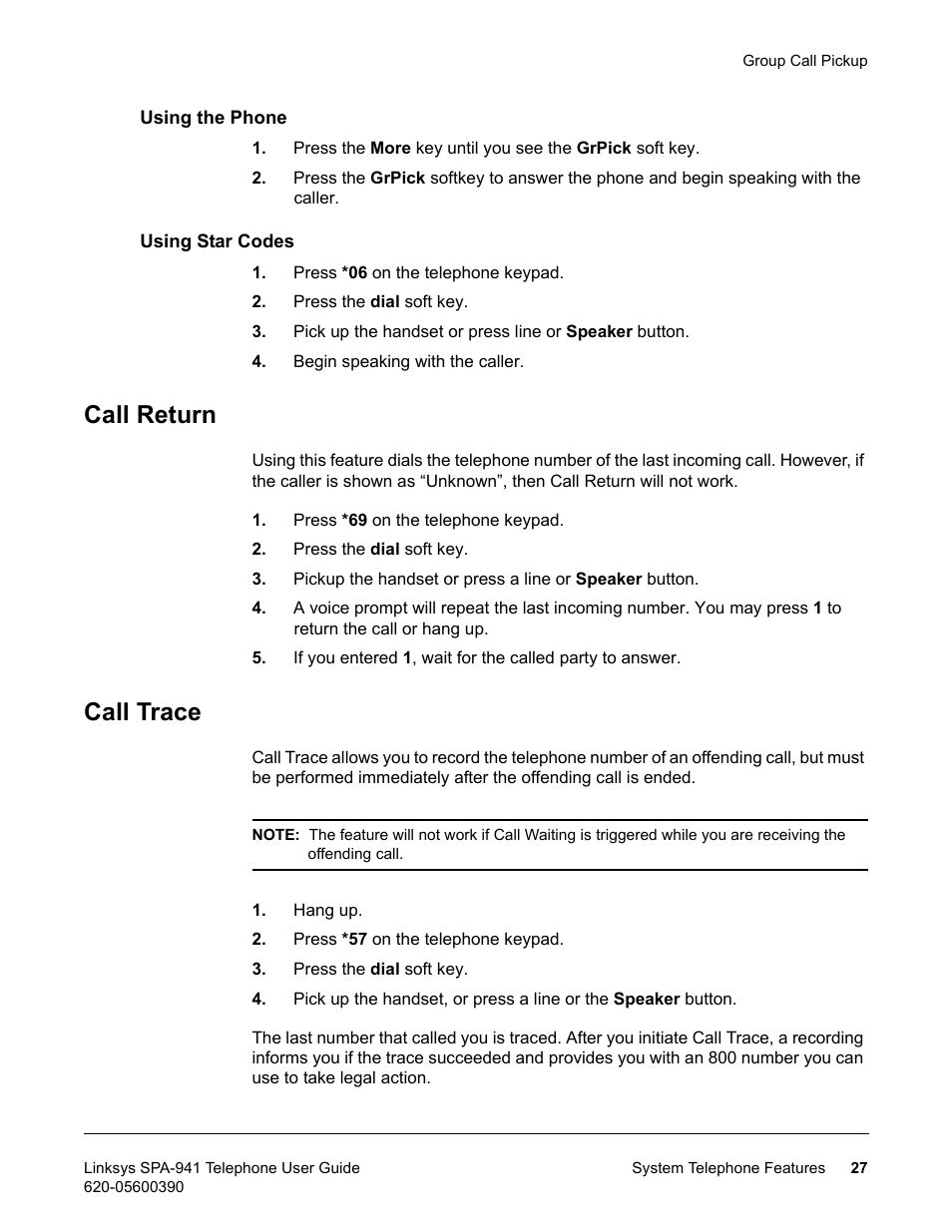 Using the phone, Using star codes, Call return | Call trace, Using the phone using star codes, Call return call trace | Linksys SPA-941 User Manual | Page 39 / 164