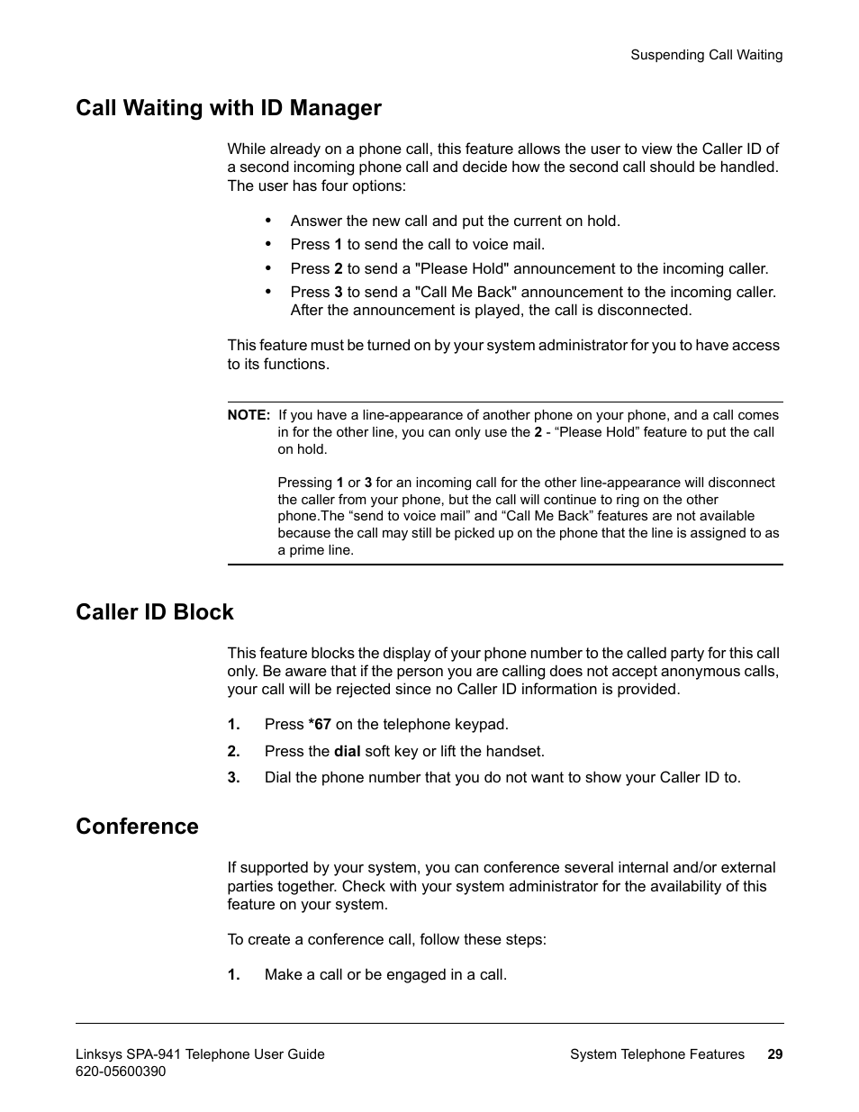 Call waiting with id manager, Caller id block, Conference | Linksys SPA-941 User Manual | Page 41 / 164