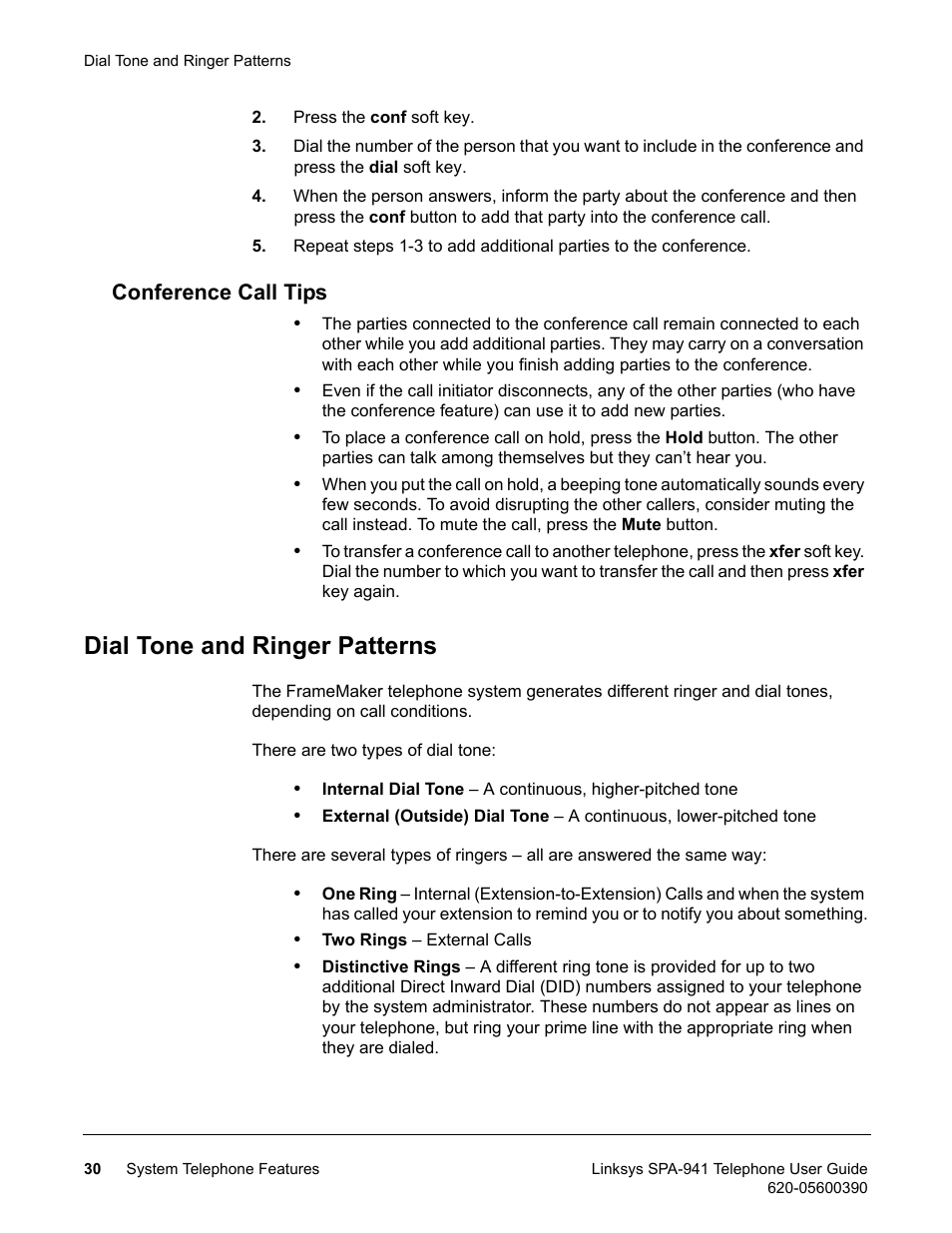 Conference call tips, Dial tone and ringer patterns | Linksys SPA-941 User Manual | Page 42 / 164