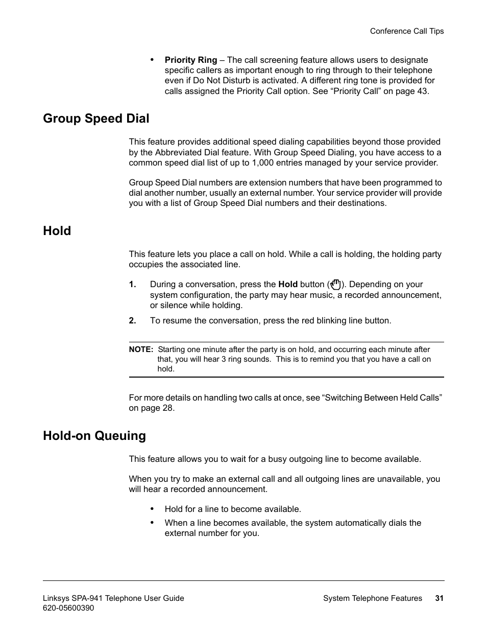 Group speed dial, Hold, Hold-on queuing | Group speed dial hold hold-on queuing | Linksys SPA-941 User Manual | Page 43 / 164