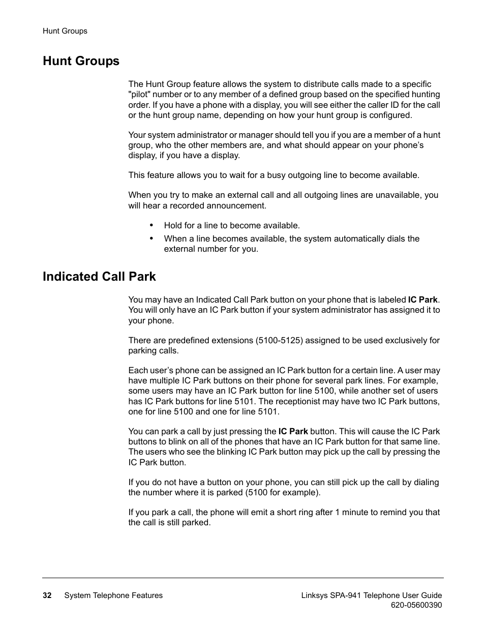 Hunt groups, Indicated call park, Hunt groups indicated call park | Linksys SPA-941 User Manual | Page 44 / 164