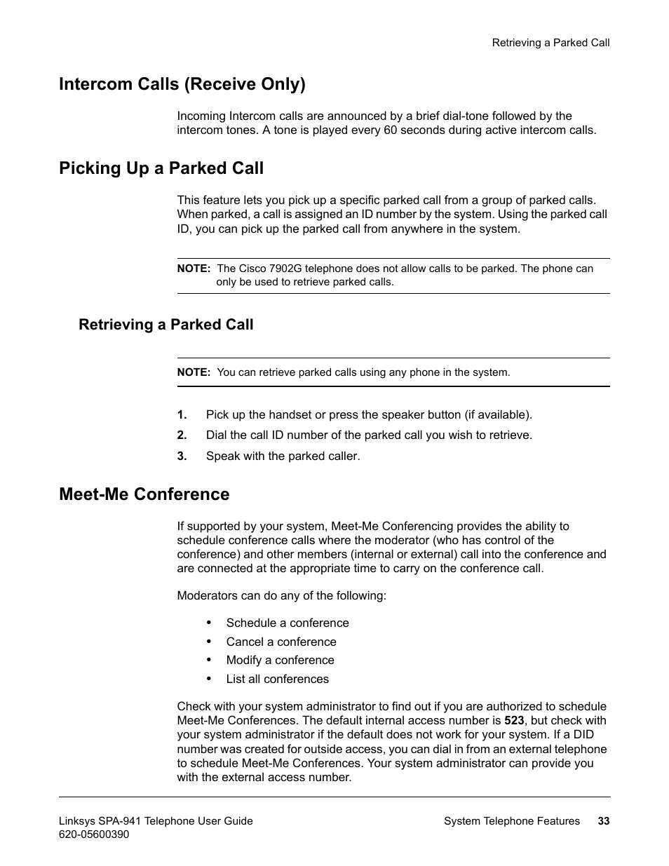 Intercom calls (receive only), Picking up a parked call, Retrieving a parked call | Meet-me conference | Linksys SPA-941 User Manual | Page 45 / 164