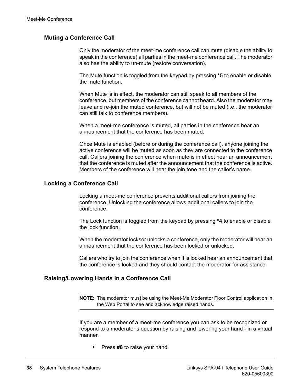 Muting a conference call, Locking a conference call, Raising/lowering hands in a conference call | Linksys SPA-941 User Manual | Page 50 / 164