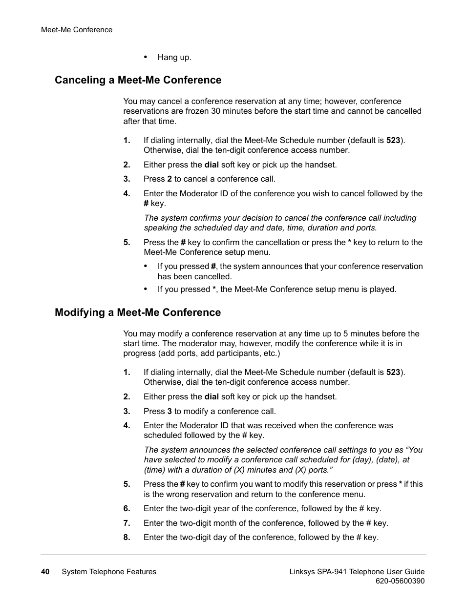 Canceling a meet-me conference, Modifying a meet-me conference | Linksys SPA-941 User Manual | Page 52 / 164