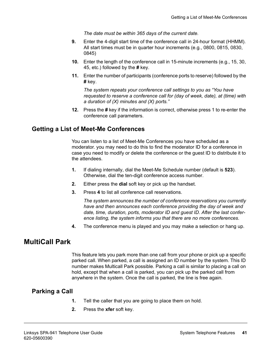 Getting a list of meet-me conferences, Multicall park, Parking a call | Linksys SPA-941 User Manual | Page 53 / 164