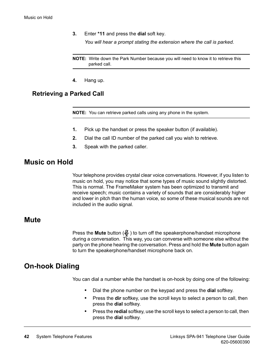 Retrieving a parked call, Music on hold, Mute | On-hook dialing, Music on hold mute on-hook dialing | Linksys SPA-941 User Manual | Page 54 / 164