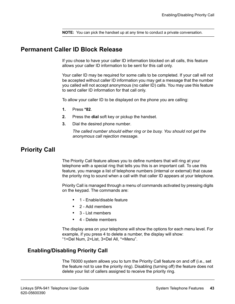 Permanent caller id block release, Priority call, Enabling/disabling priority call | Permanent caller id block release priority call | Linksys SPA-941 User Manual | Page 55 / 164