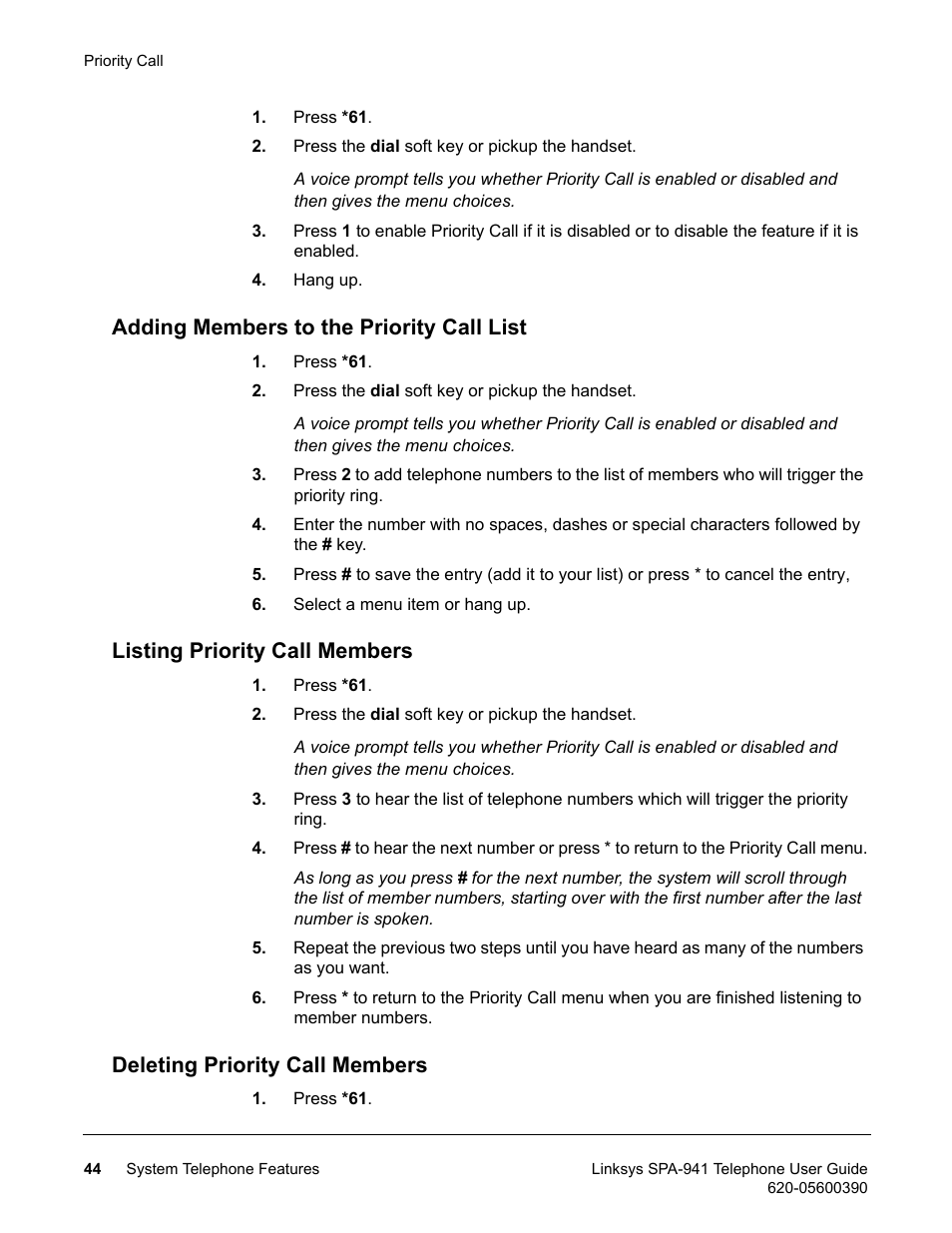 Adding members to the priority call list, Listing priority call members, Deleting priority call members | Linksys SPA-941 User Manual | Page 56 / 164