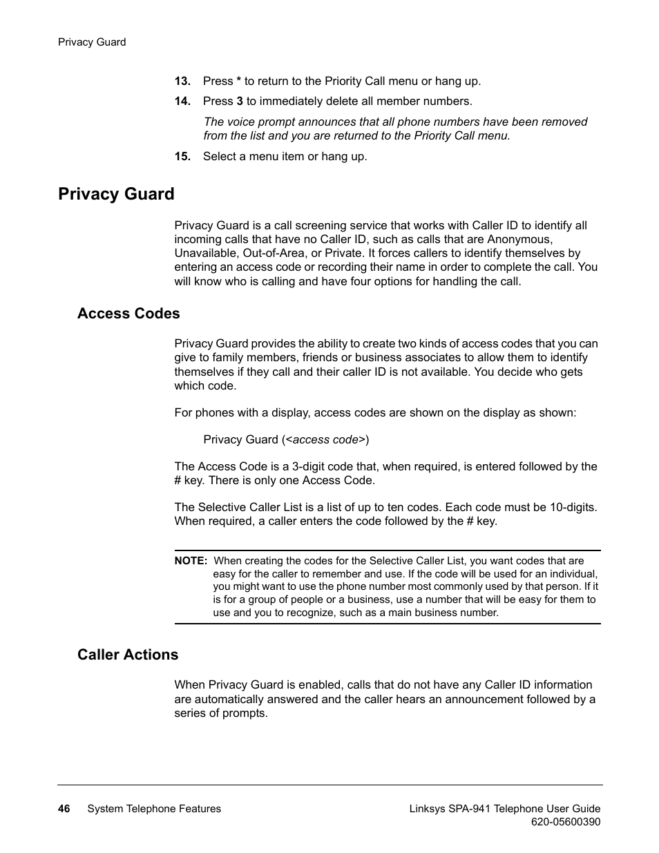 Privacy guard, Access codes, Caller actions | Access codes caller actions | Linksys SPA-941 User Manual | Page 58 / 164