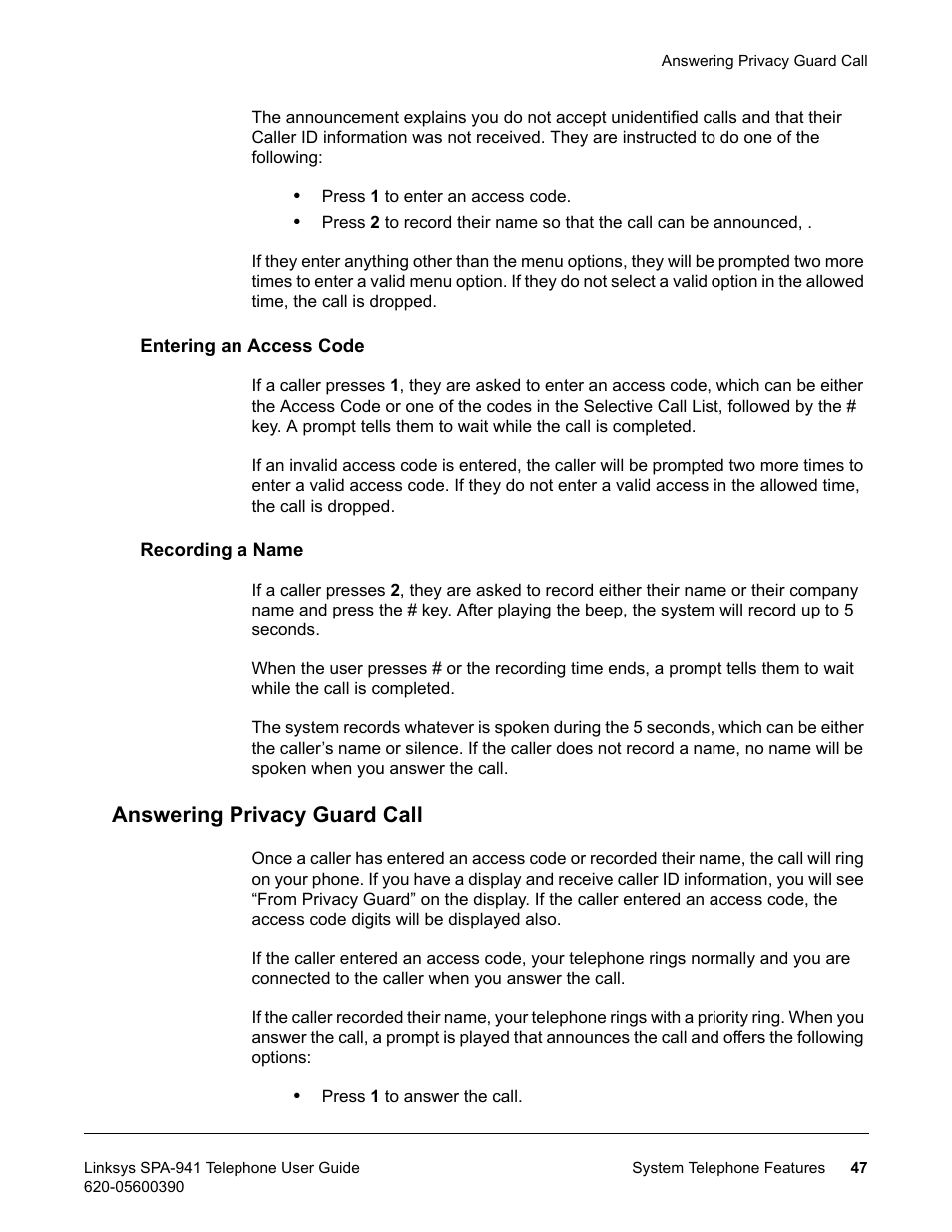 Entering an access code, Recording a name, Answering privacy guard call | Entering an access code recording a name | Linksys SPA-941 User Manual | Page 59 / 164