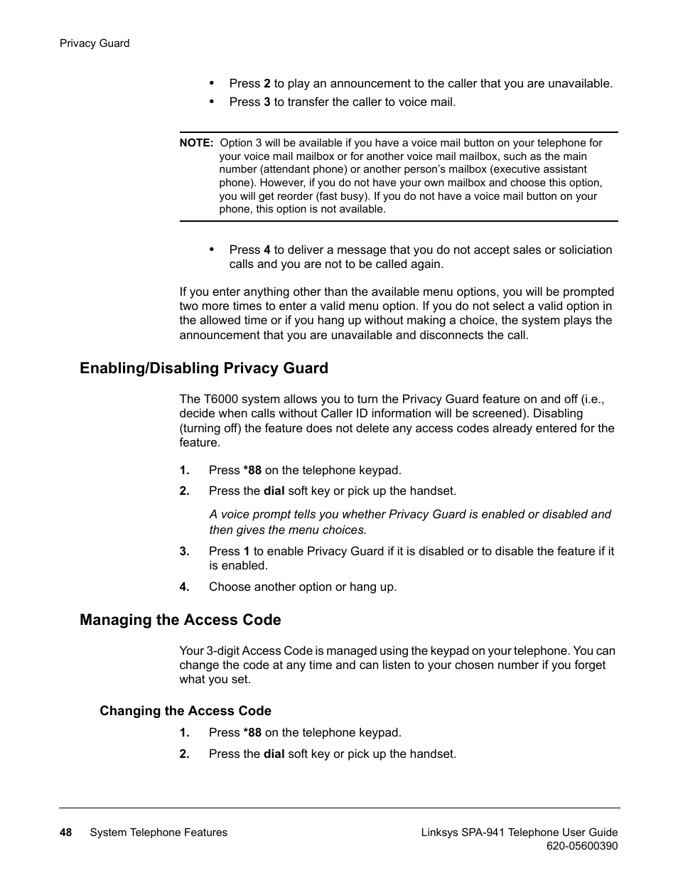 Enabling/disabling privacy guard, Managing the access code, Changing the access code | Linksys SPA-941 User Manual | Page 60 / 164