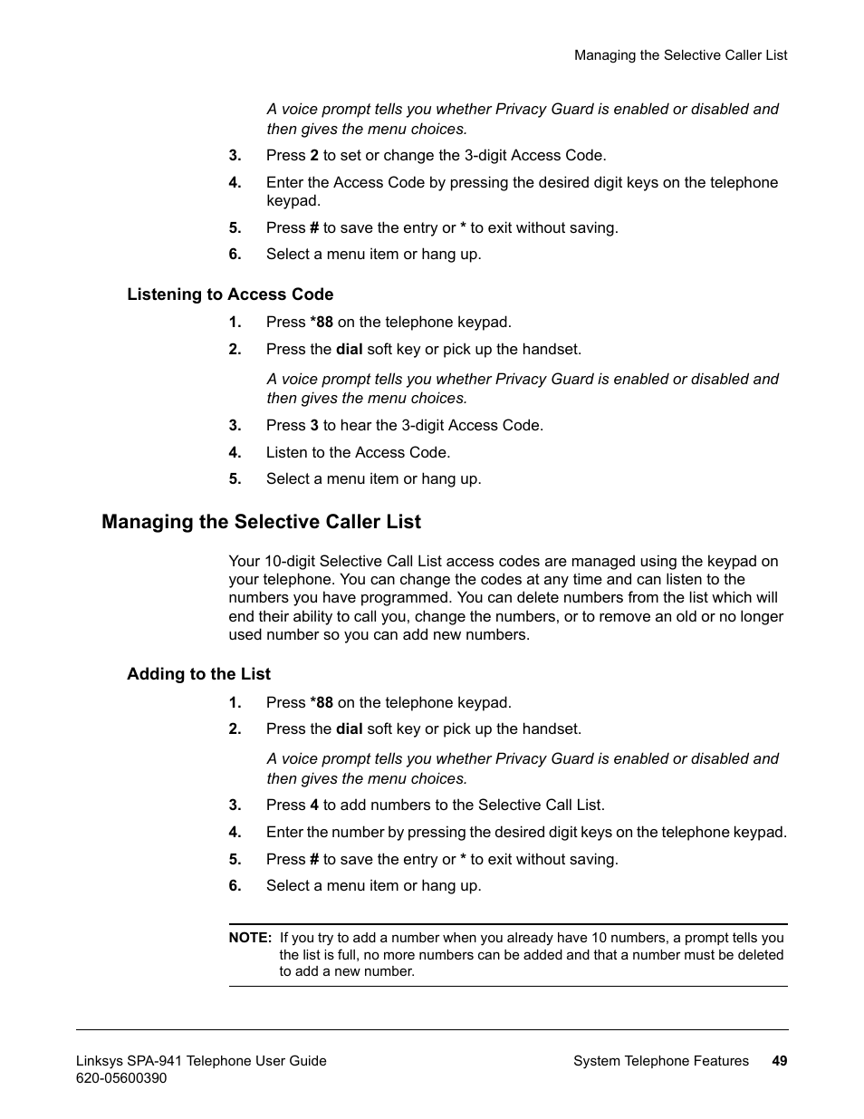 Listening to access code, Managing the selective caller list, Adding to the list | Linksys SPA-941 User Manual | Page 61 / 164