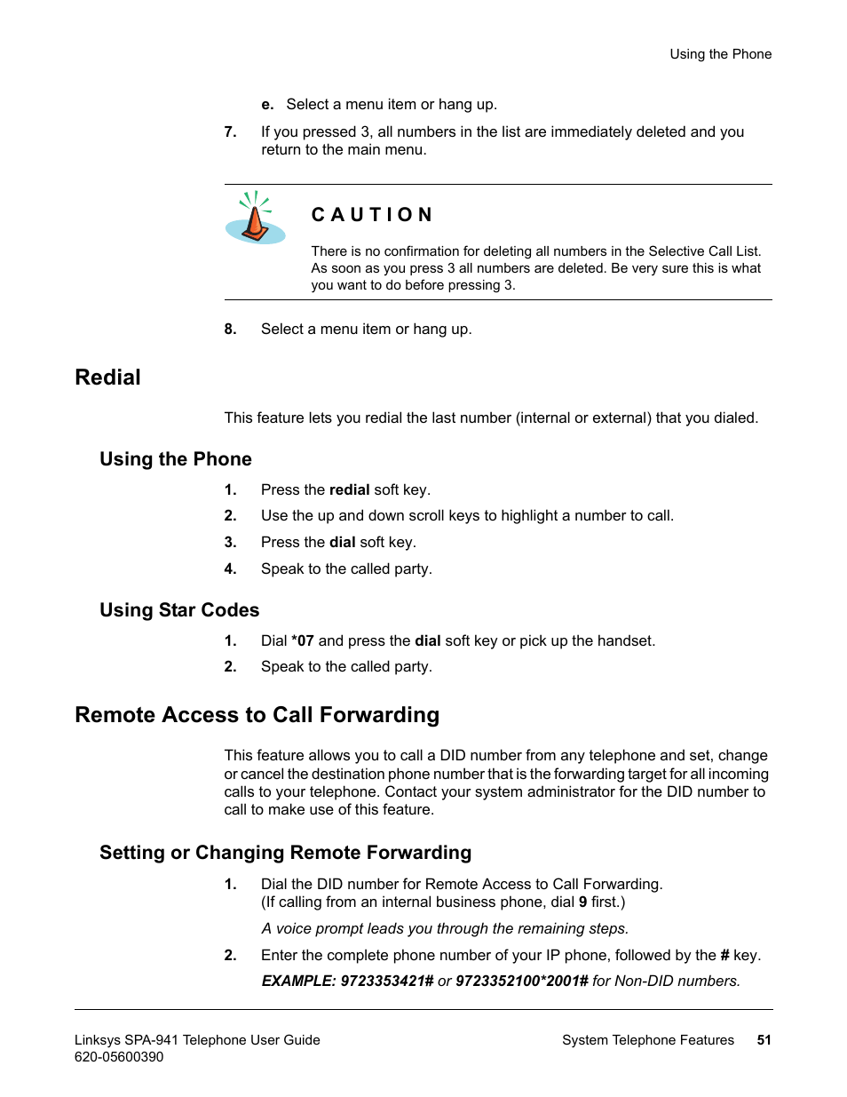 Redial, Using the phone, Using star codes | Remote access to call forwarding, Setting or changing remote forwarding, Using the phone using star codes | Linksys SPA-941 User Manual | Page 63 / 164