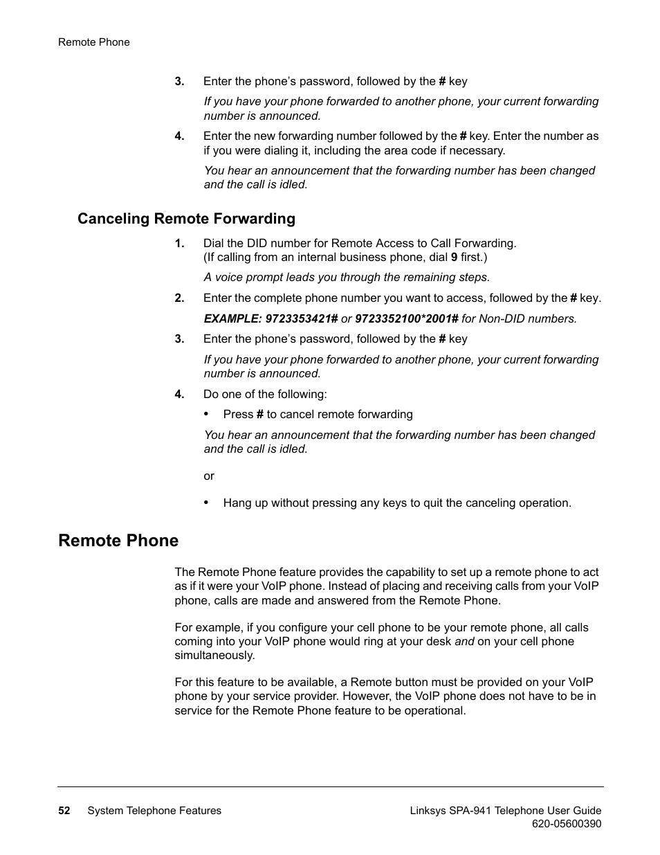 Canceling remote forwarding, Remote phone | Linksys SPA-941 User Manual | Page 64 / 164