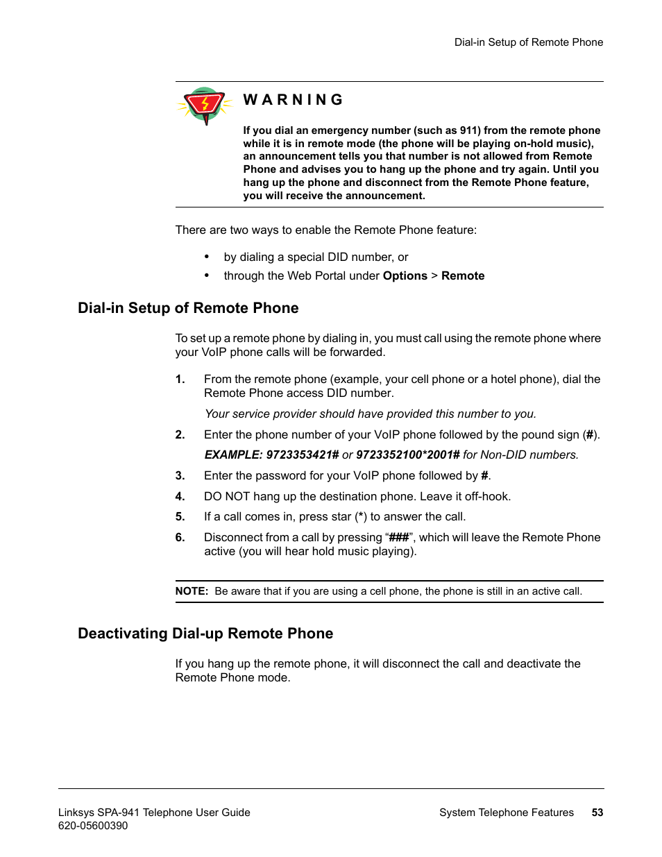 Dial-in setup of remote phone, Deactivating dial-up remote phone | Linksys SPA-941 User Manual | Page 65 / 164