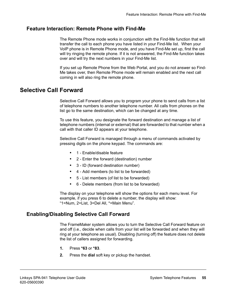 Feature interaction: remote phone with find-me, Selective call forward, Enabling/disabling selective call forward | Linksys SPA-941 User Manual | Page 67 / 164