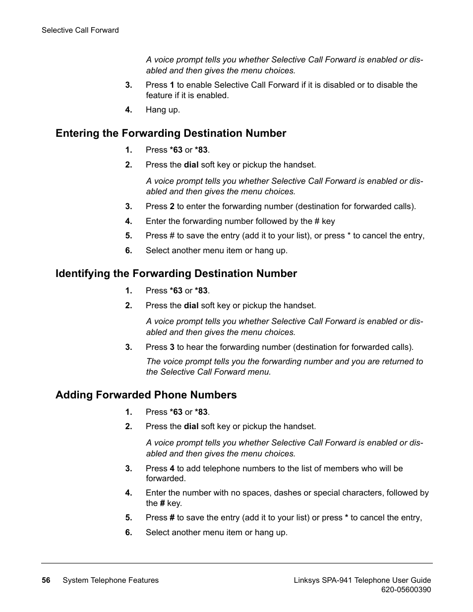 Entering the forwarding destination number, Identifying the forwarding destination number, Adding forwarded phone numbers | Linksys SPA-941 User Manual | Page 68 / 164